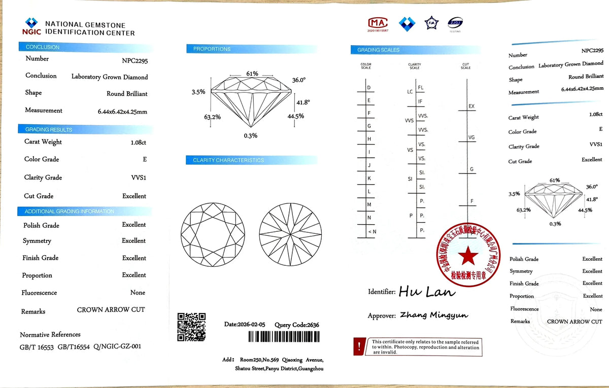 1.08ct Round Crown Arrow Cut™ Lab Diamond – E Color VVS1 | Doveggs Certified