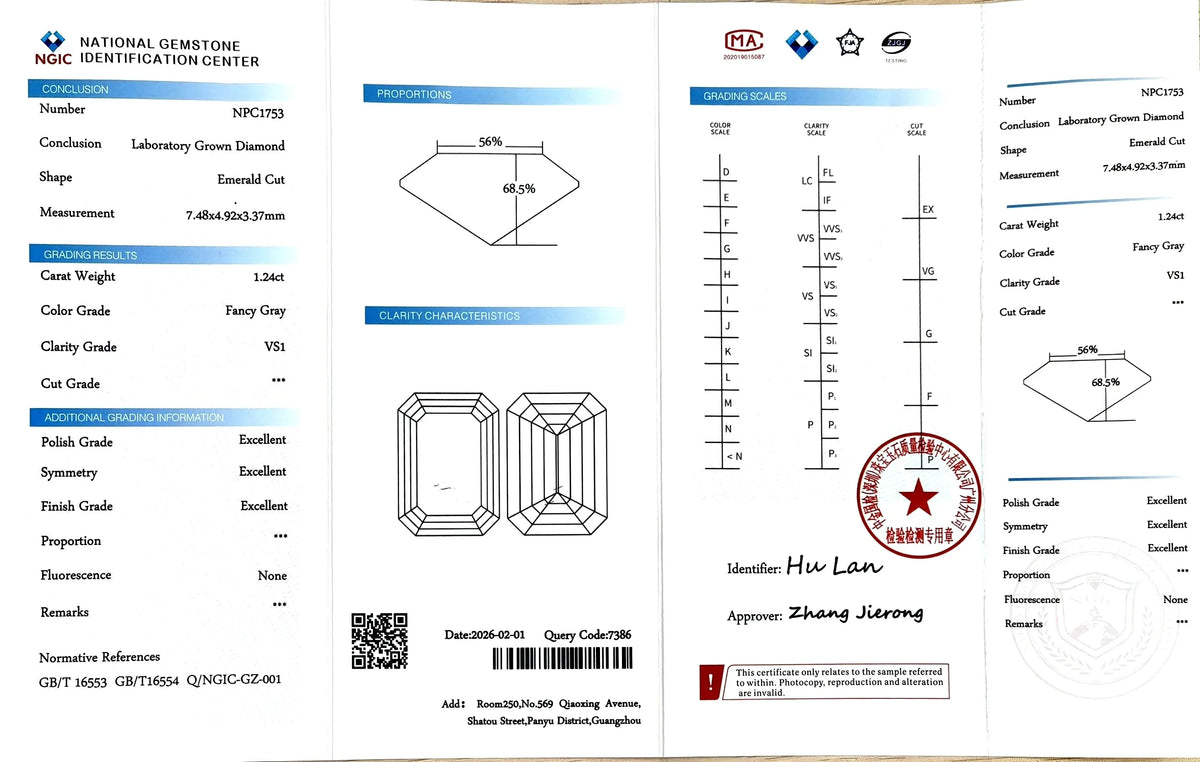 1.24ct Emerald Cut Lab Diamond – Fancy Gray Color VS1 | Doveggs Certified
