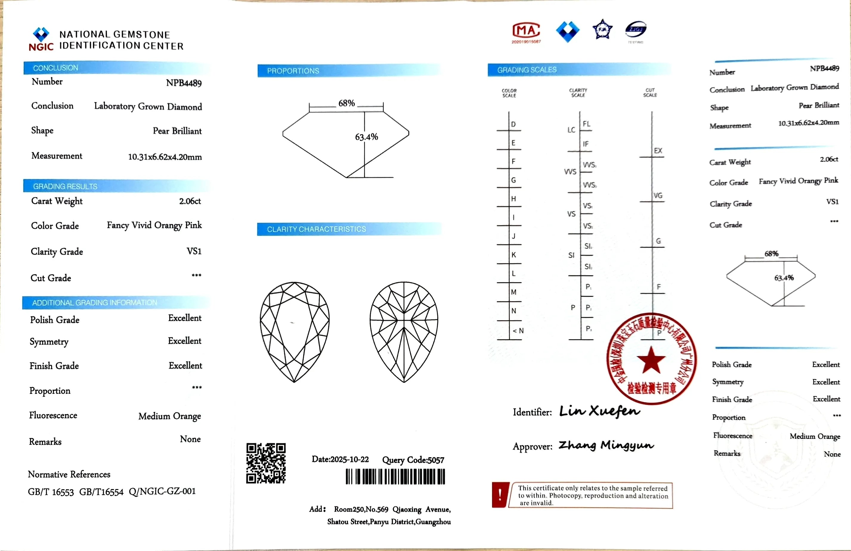 2.06ct Pear Brilliant Cut Lab Diamond - F. V. Orangy Pink Color VS1 | Doveggs Certified