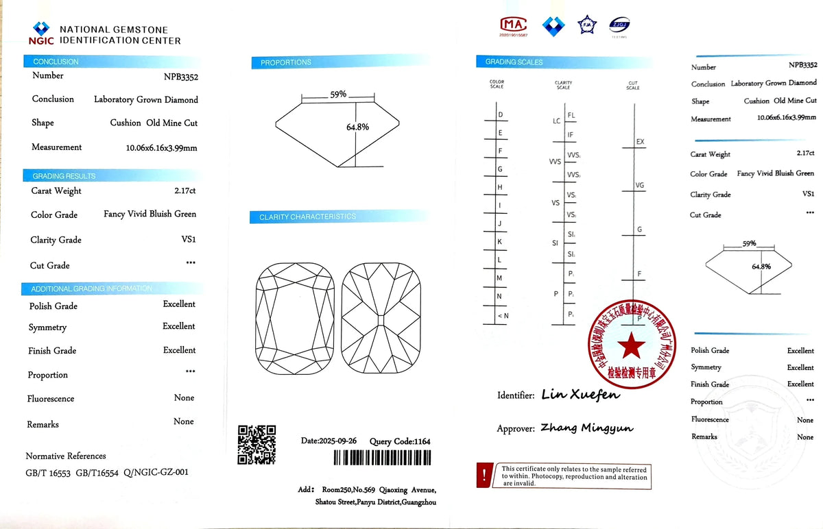 2.17ct Cushion Old Mine Cut Lab Diamond - F. V. Bluish Green Color VS1 | Doveggs Certified