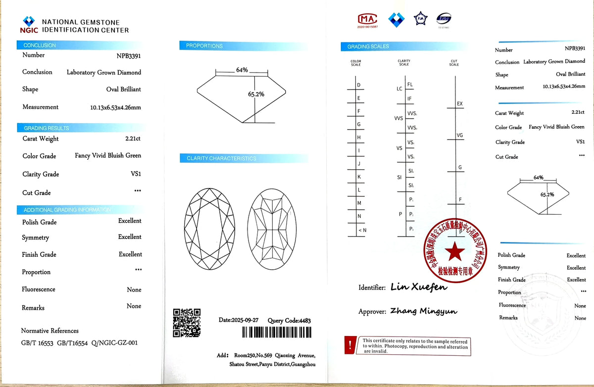 2.21ct Oval Brilliant Cut Lab Diamond - F. V. Bluish Green Color VS1 | Doveggs Certified