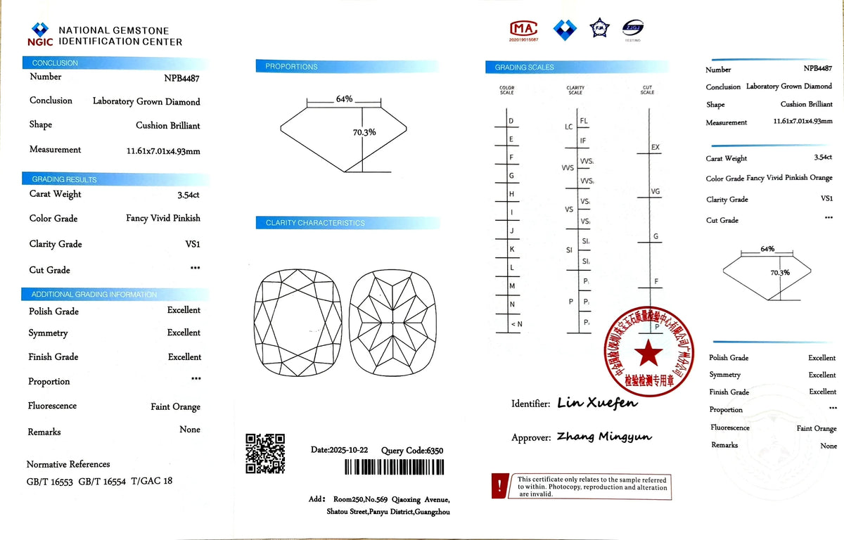 3.54ct Cushion Brilliant Cut Lab Diamond - F. V. Pinkish Color VS1 | Doveggs Certified