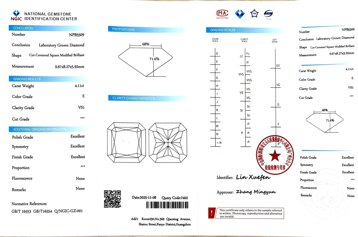 4.11ct Radiant Brilliant Cut Lab Diamond – E Color VS1 | Doveggs Certified