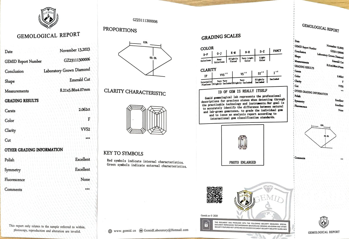 2.062ct Emerald Cut Lab Diamond - F Color VVS2 | Doveggs Certified