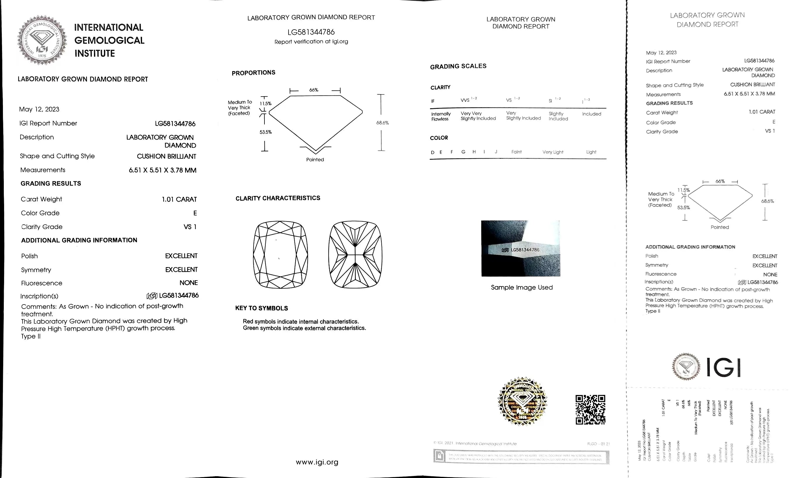 1.01ct Cushion Cut Lab Diamond - E Color VS1 | Doveggs Certified