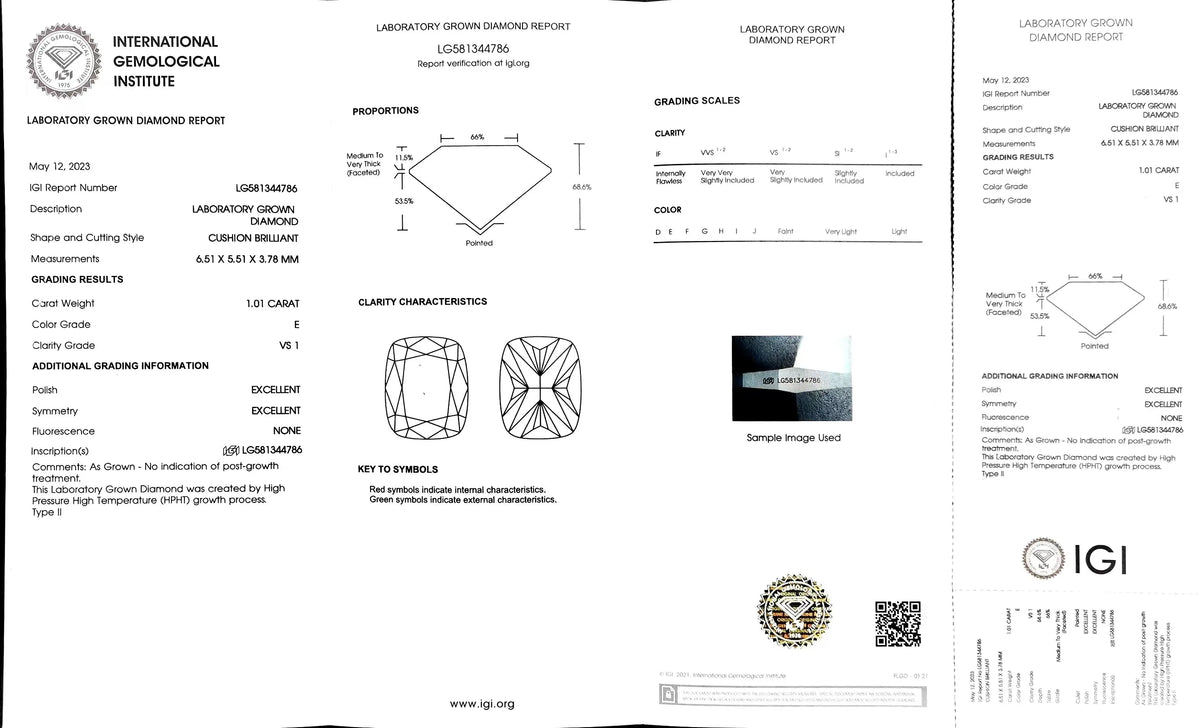 1.01ct Cushion Cut Lab Diamond - E Color VS1 | Doveggs Certified
