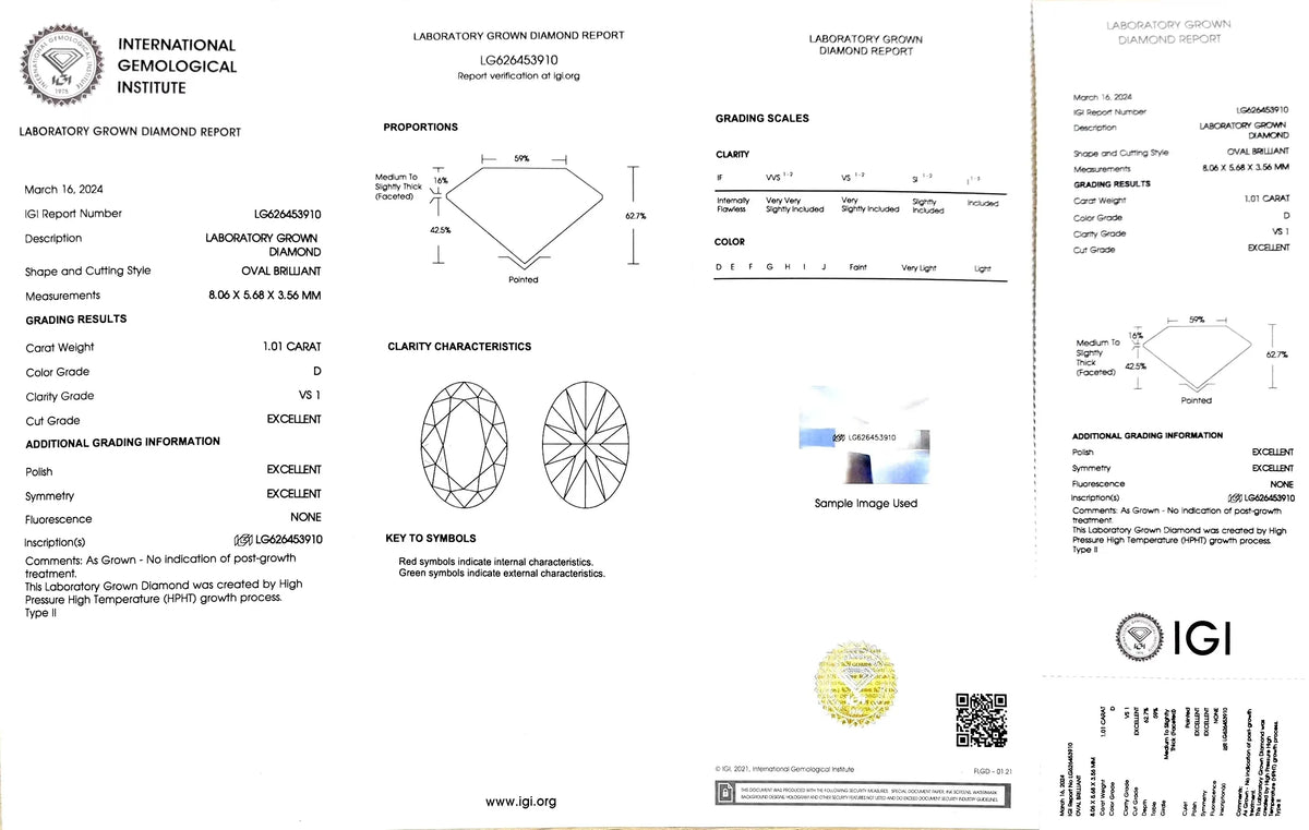 1.01ct Oval Lab Diamond - D Color VS1 | Doveggs Certified