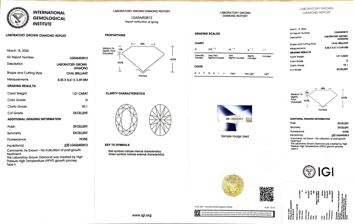 1.01ct Oval Lab Diamond - D Color VS1 | Doveggs Certified