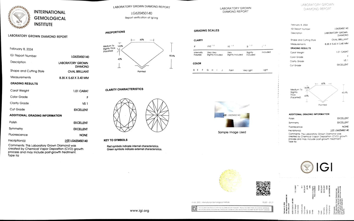 1.01ct Oval Cut Lab Diamond - F Color VS1 | Doveggs Certified