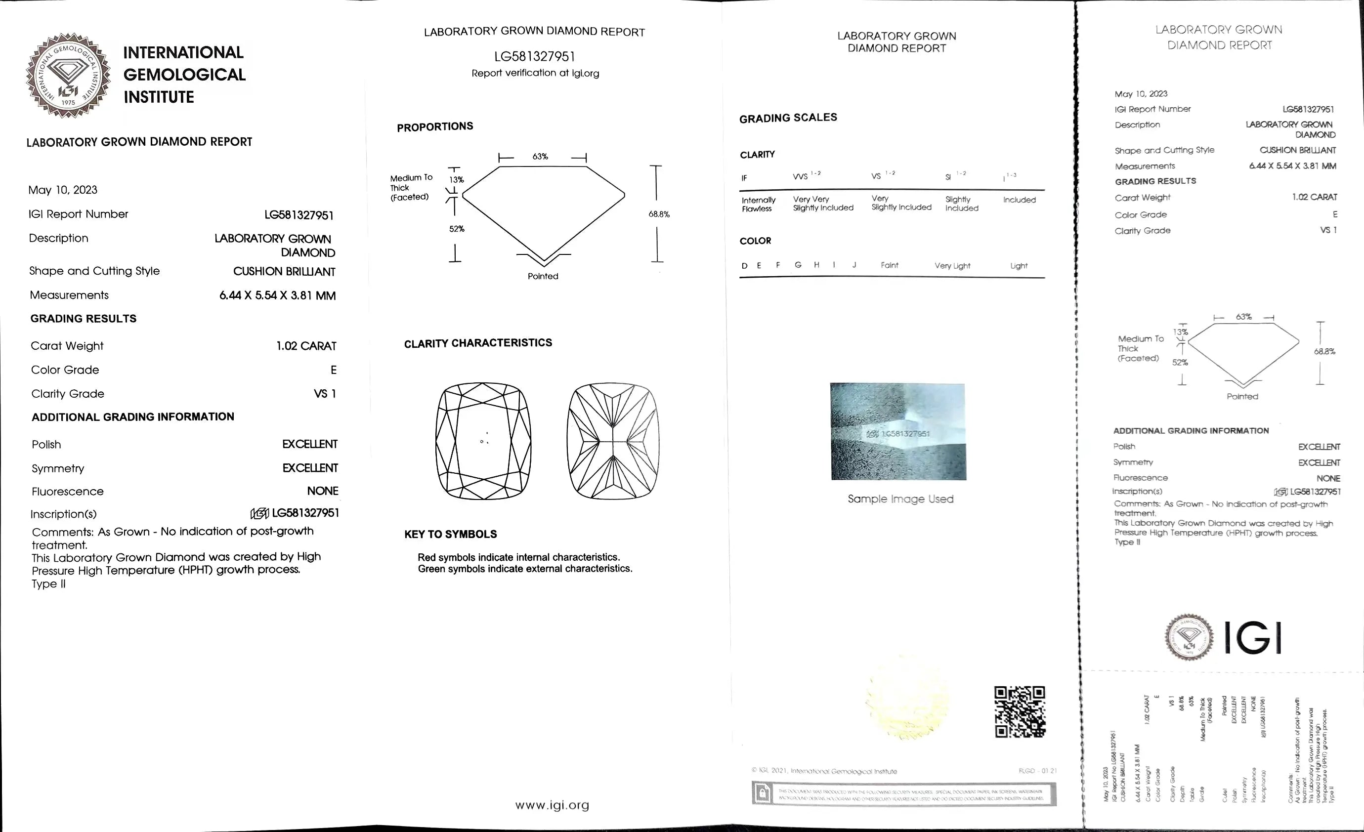 1.02ct Cushion Cut Lab Diamond - E Color VS1 | Doveggs Certified