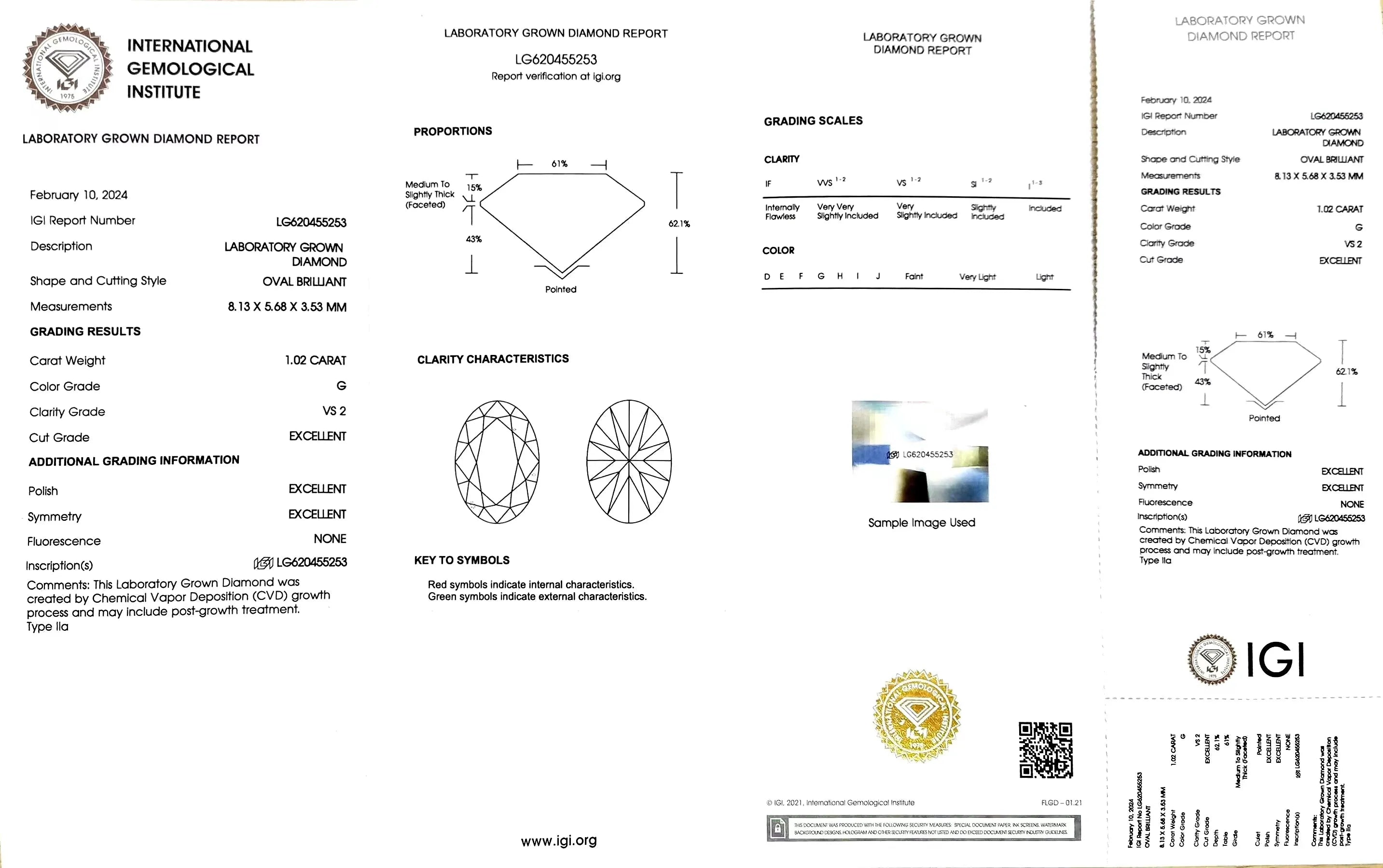 1.02ct Oval Lab Diamond - G Color VS2 | Doveggs Certified