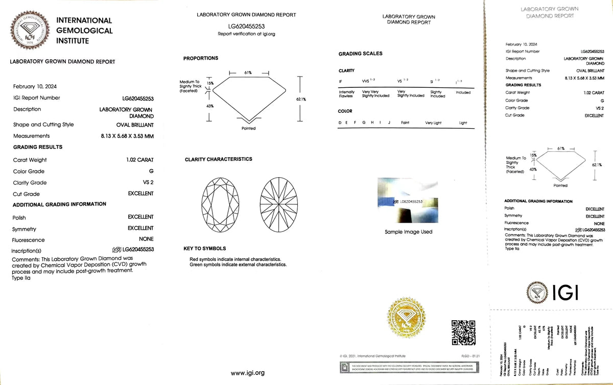 1.02ct Oval Lab Diamond - G Color VS2 | Doveggs Certified