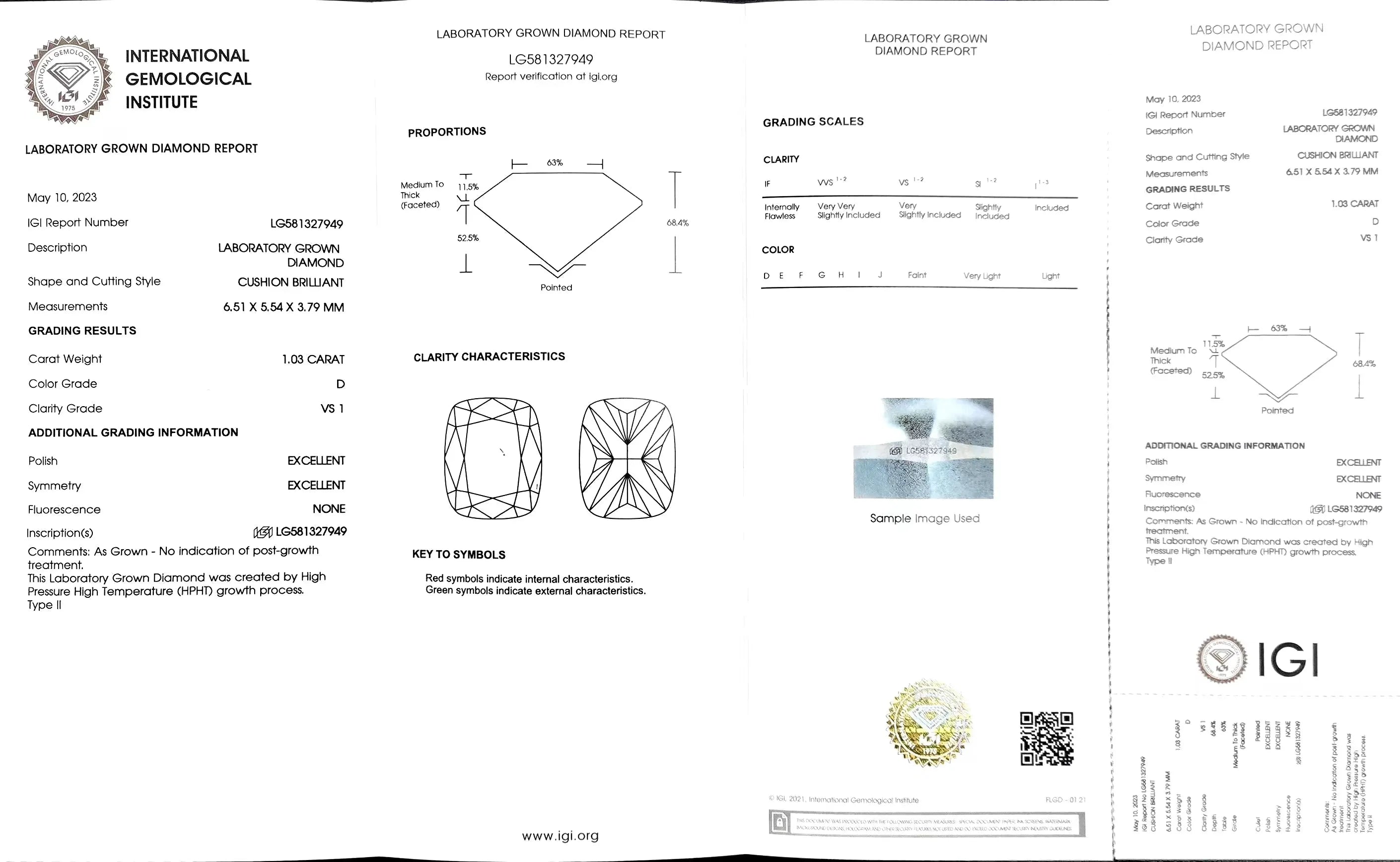 1.03ct Cushion Cut Lab Diamond - D Color VS1 | Doveggs Certified