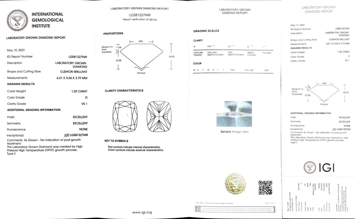 1.03ct Cushion Cut Lab Diamond - D Color VS1 | Doveggs Certified