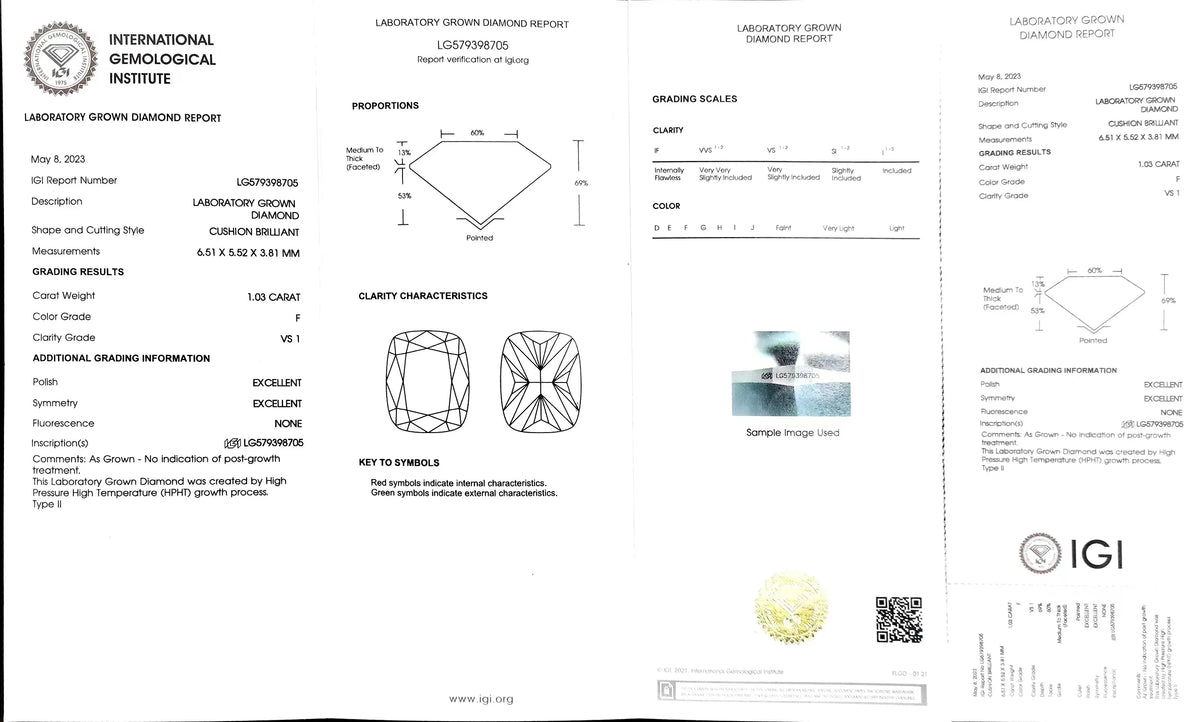 1.03ct Cushion Cut Lab Diamond - F Color VS1 | Doveggs Certified