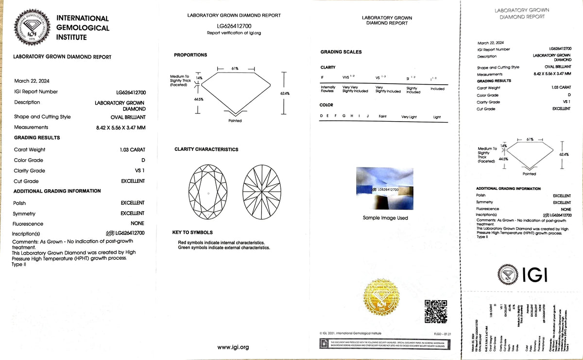 1.03ct Oval Lab Diamond - D Color VS1 | Doveggs Certified
