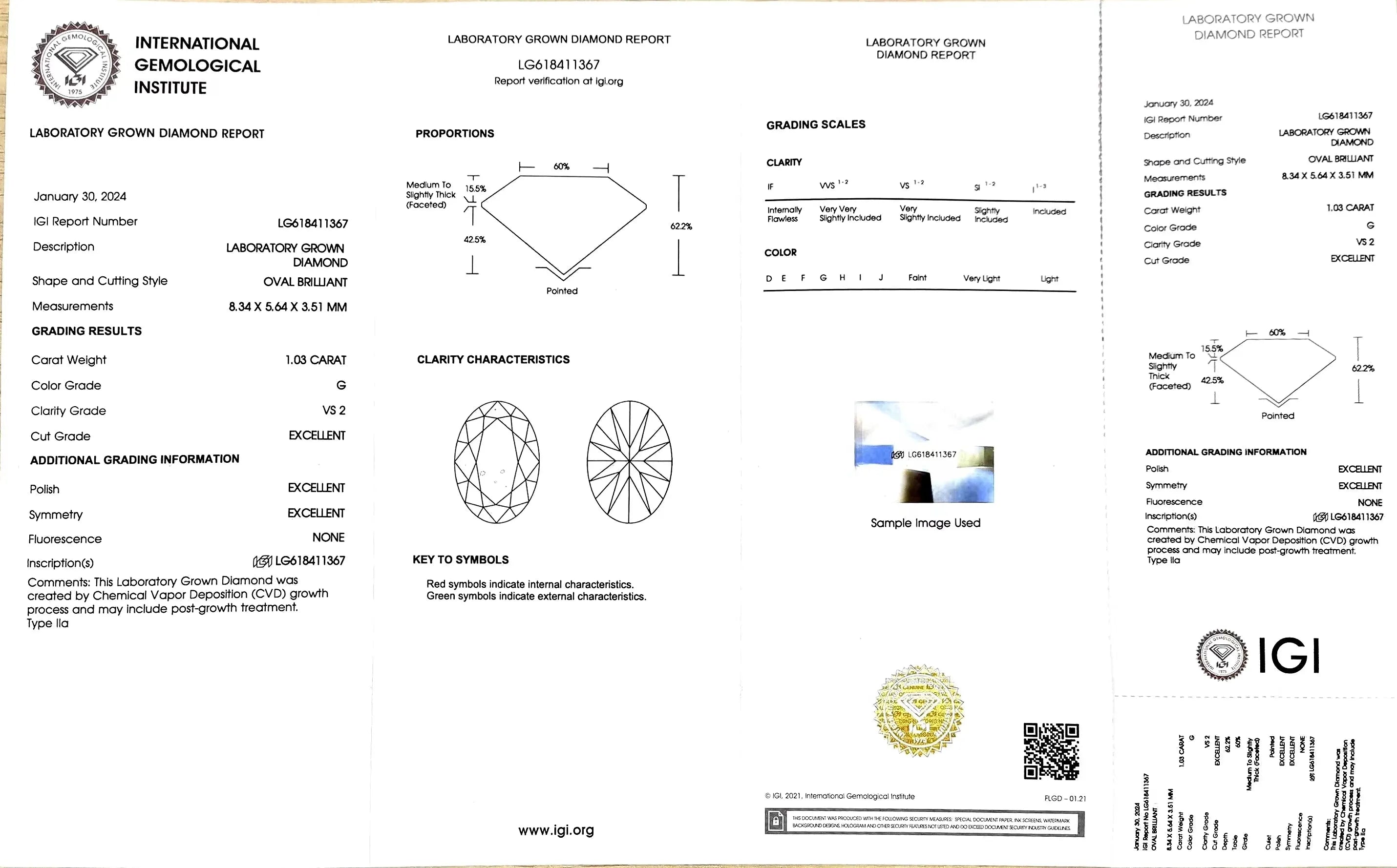 1.03ct Oval Lab Diamond - G Color VS2 | Doveggs Certified