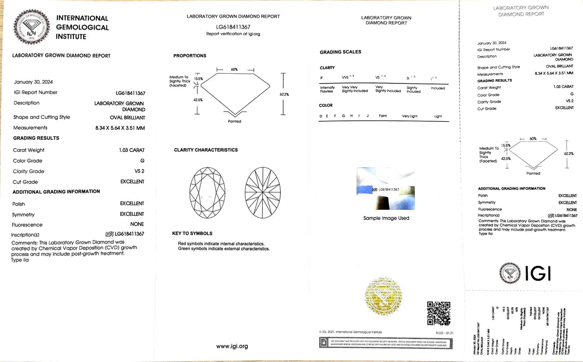 1.03ct Oval Lab Diamond - G Color VS2 | Doveggs Certified