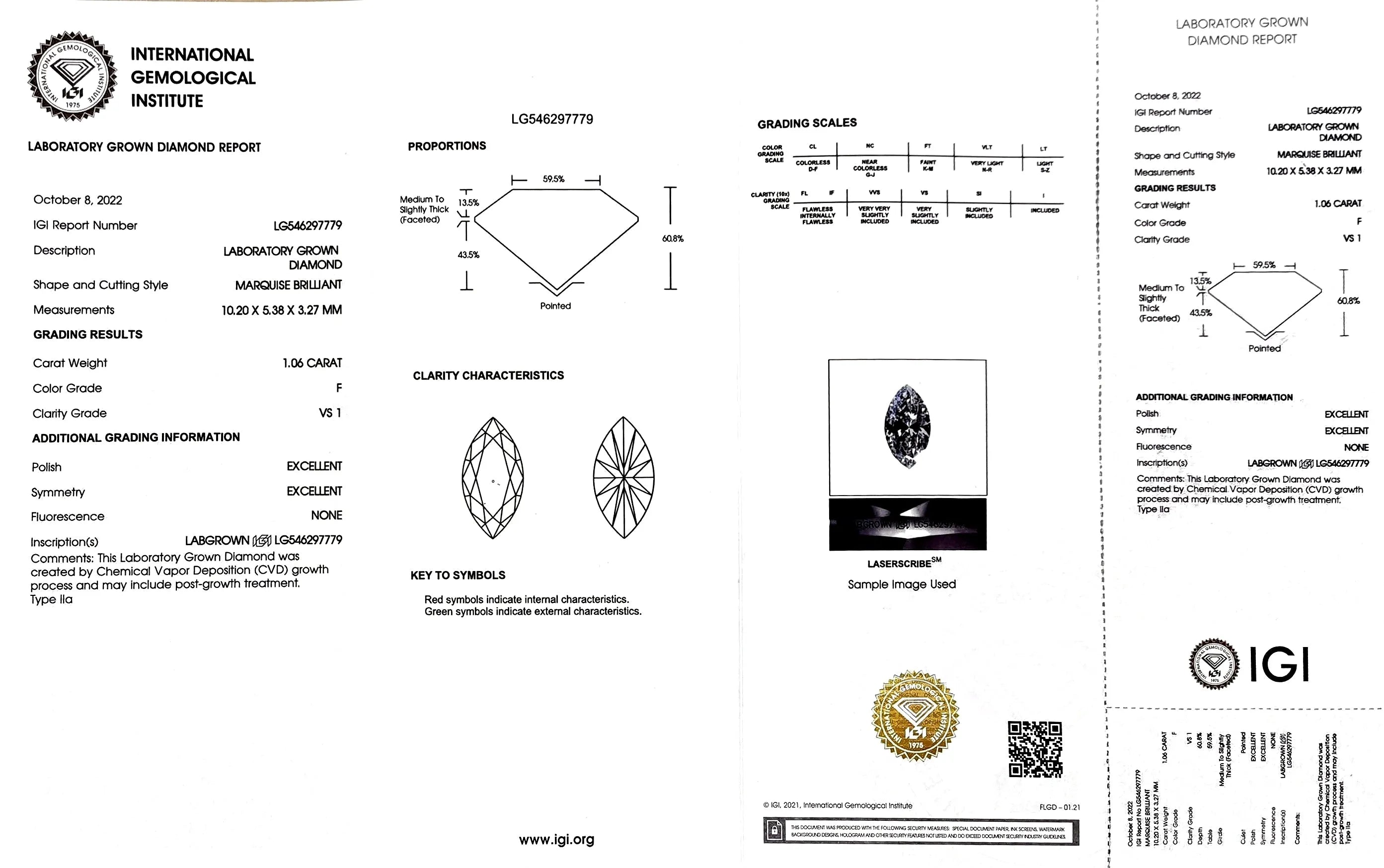 1.06ct Marquise Lab Diamond - F Color VS1 | Doveggs Certified