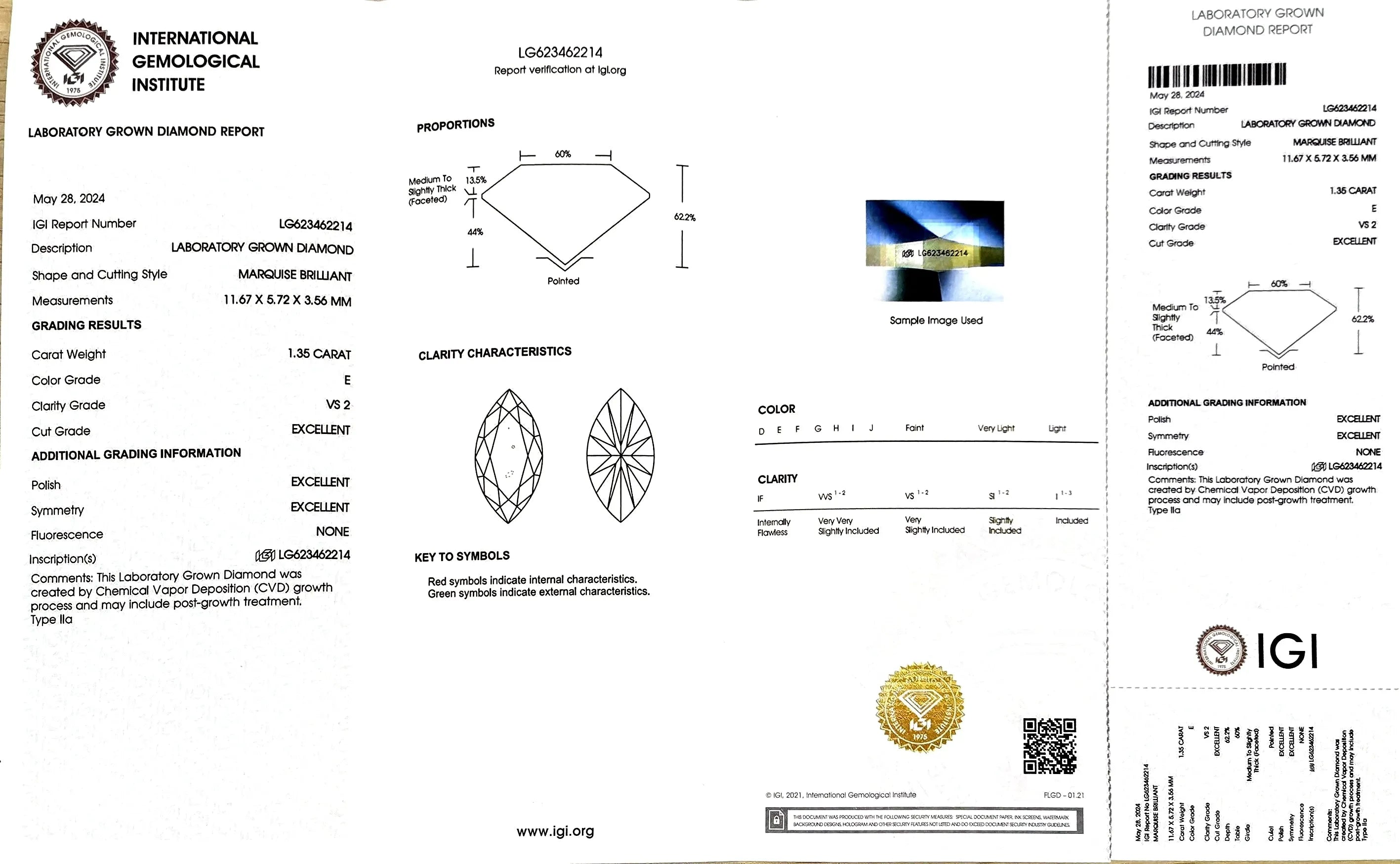 1.35ct Marquise Lab Diamond - E Color VS2 | Doveggs Certified