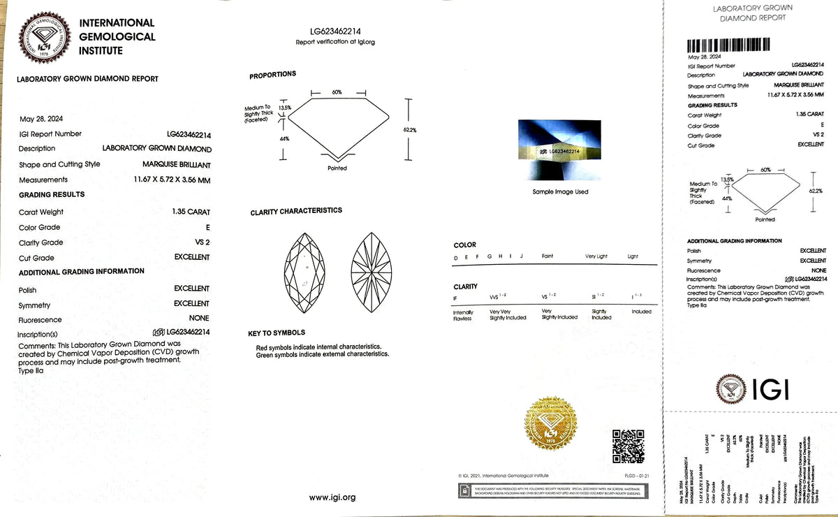 1.35ct Marquise Lab Diamond - E Color VS2 | Doveggs Certified