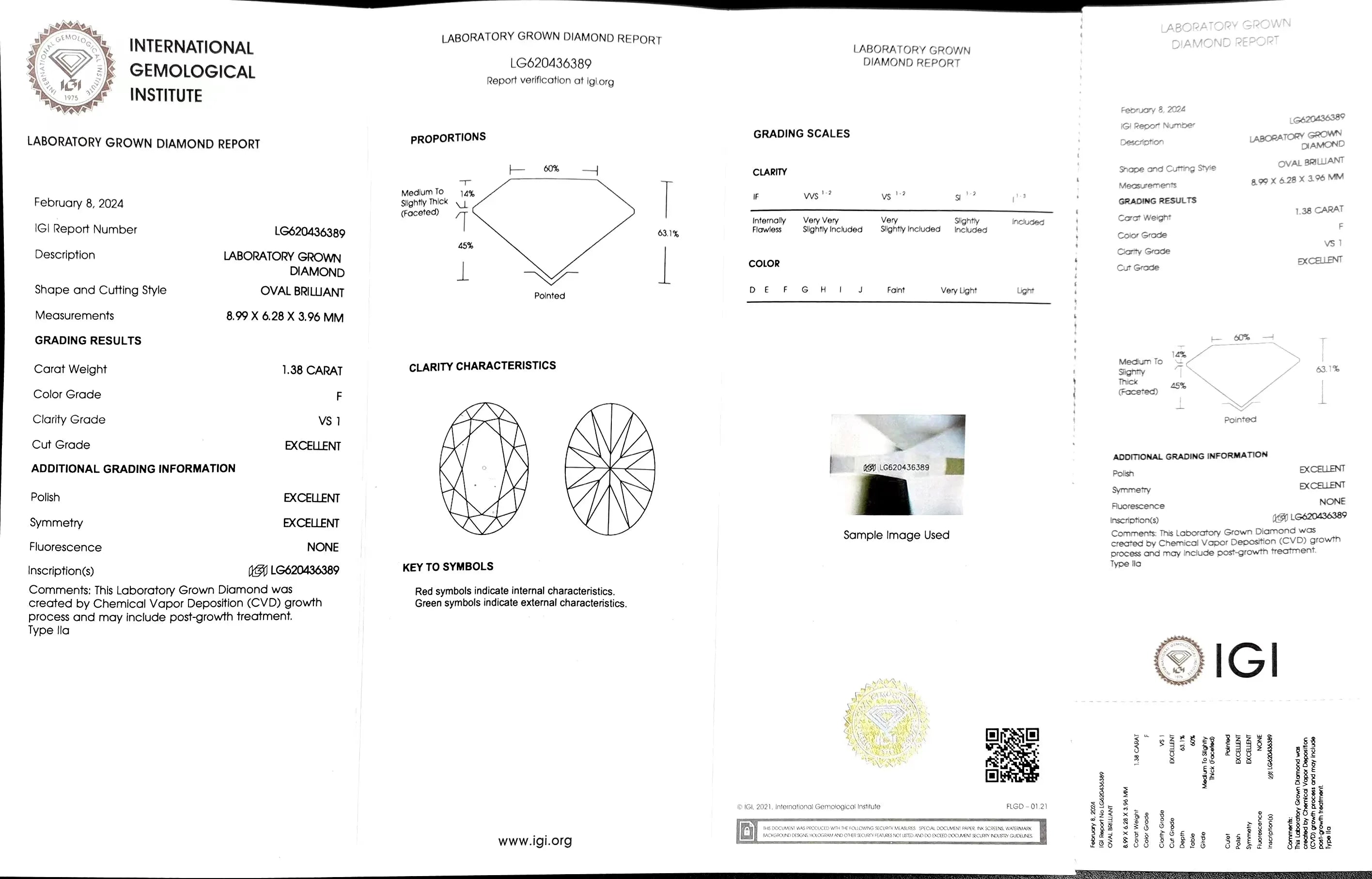 1.38ct Oval Cut Lab Diamond - F Color VS1 | Doveggs Certified