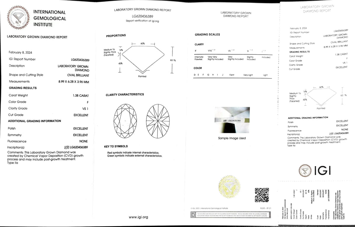 1.38ct Oval Cut Lab Diamond - F Color VS1 | Doveggs Certified