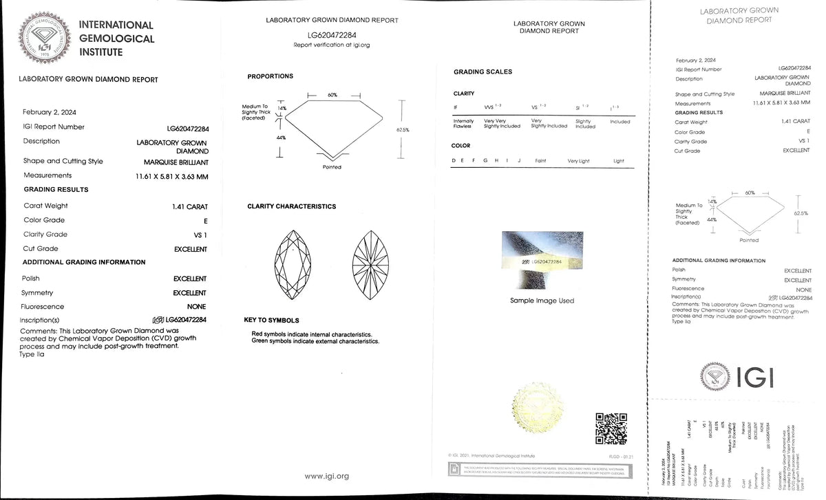 1.41ct Marquise Cut Lab Diamond - E Color VS1 | Doveggs Certified