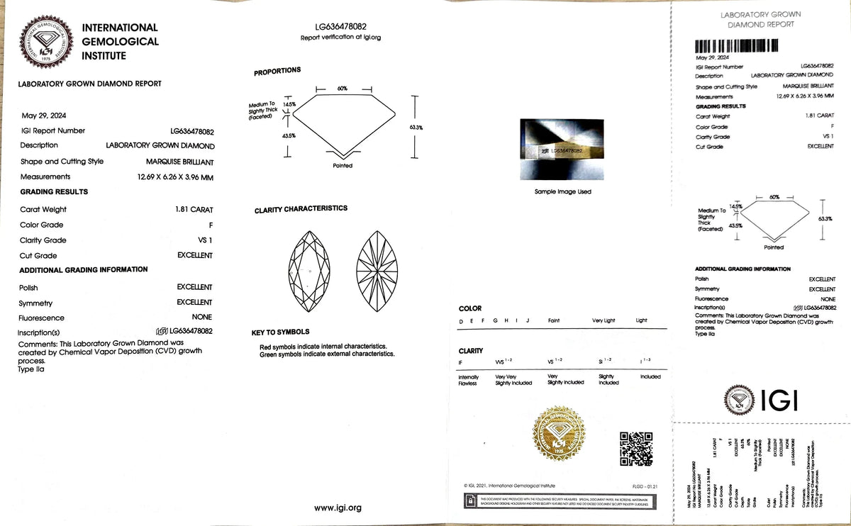 1.81ct Marquise Lab Diamond - F Color VS1 | Doveggs Certified