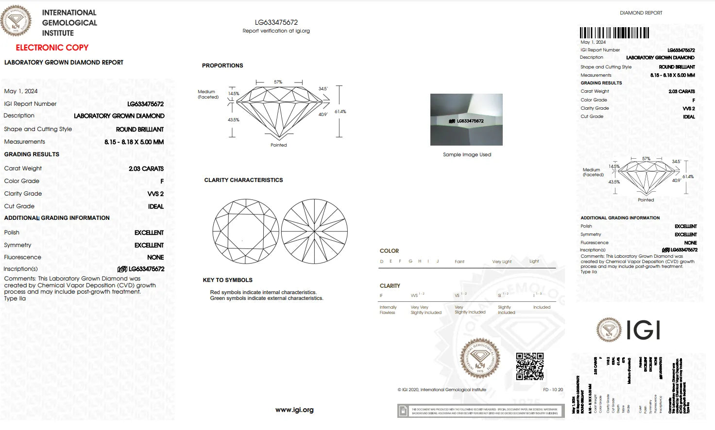2.03ct Round Ideal Cut Lab Diamond - F Color VVS2 Clarity | IGI Certified