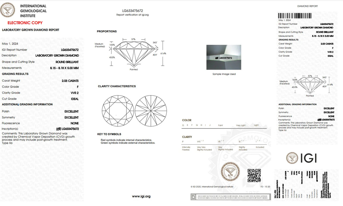 2.03ct Round Ideal Cut Lab Diamond - F Color VVS2 Clarity | IGI Certified