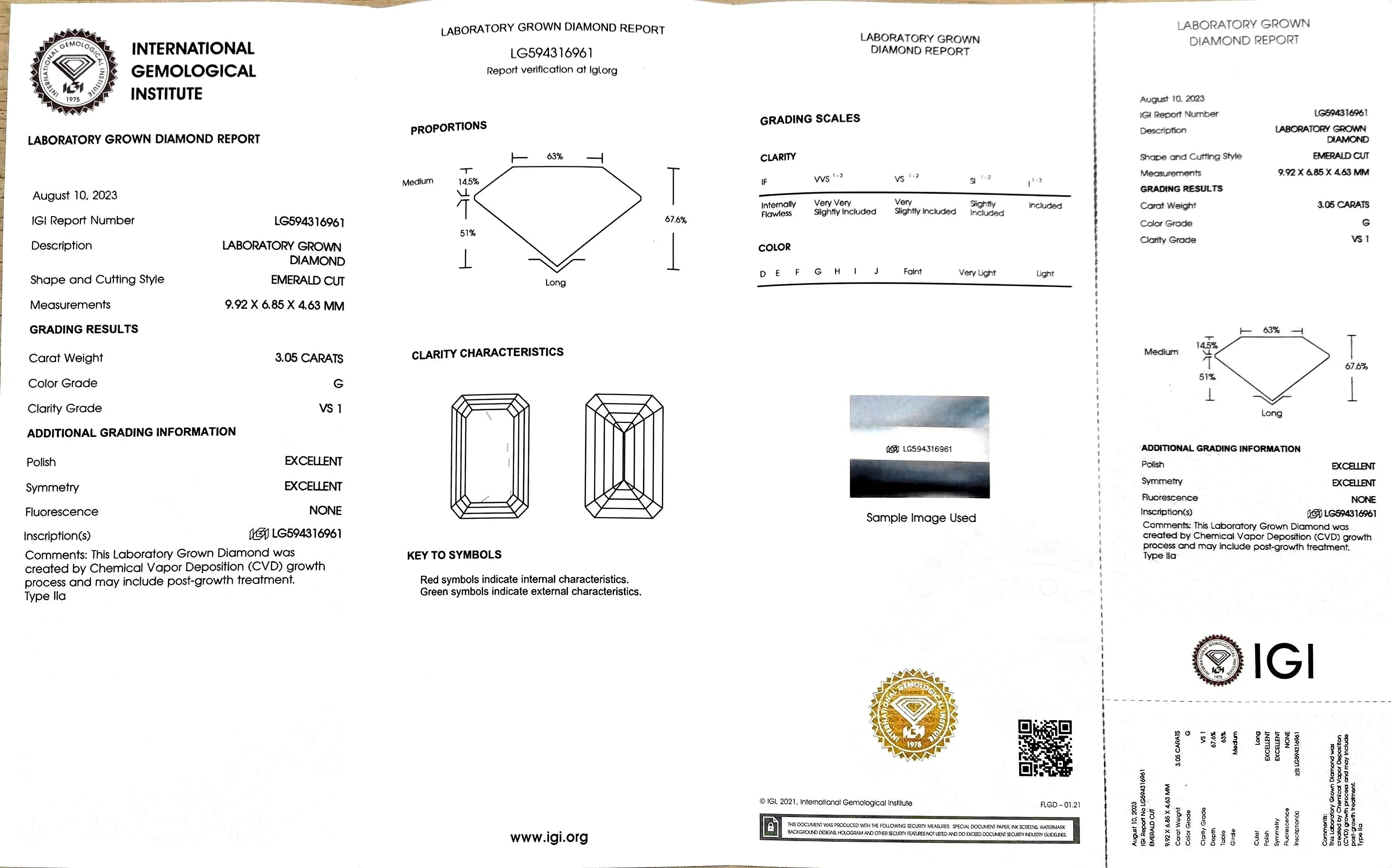 3.05ct Emerald Lab Diamond - G Color VS1 | Doveggs Certified