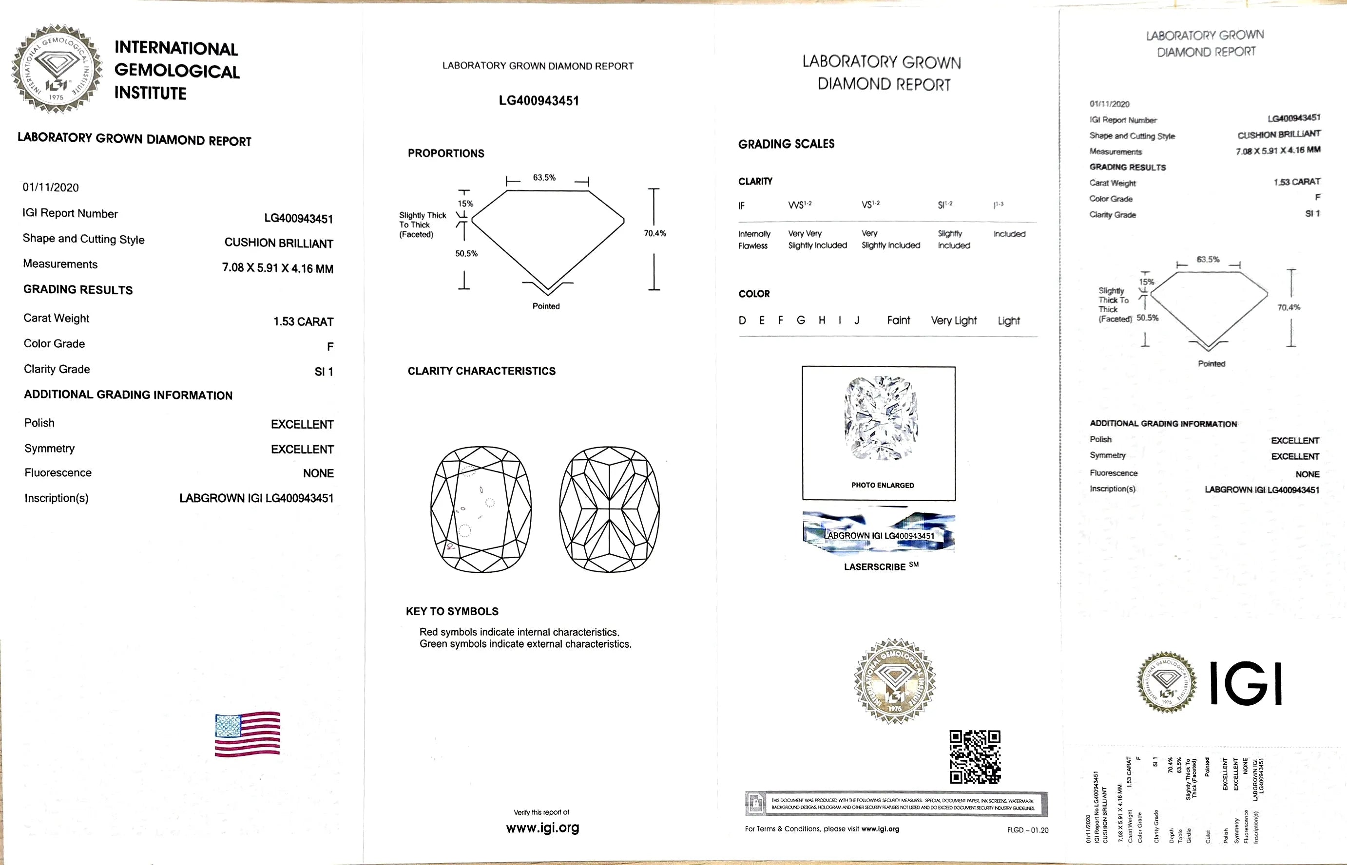 1.53ct Cushion Cut Lab Diamond - F Color SI1 | Doveggs Certified