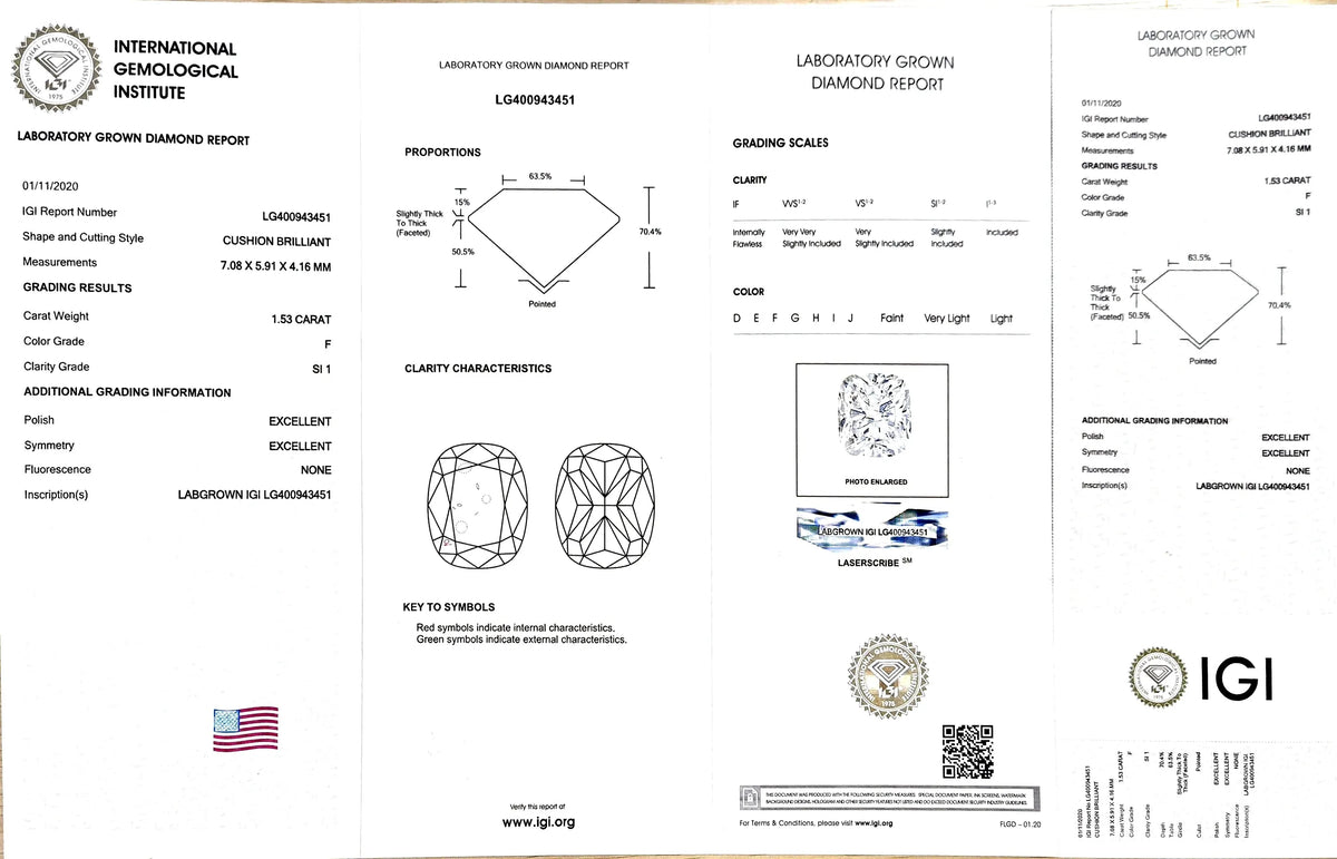 1.53ct Cushion Cut Lab Diamond - F Color SI1 | Doveggs Certified