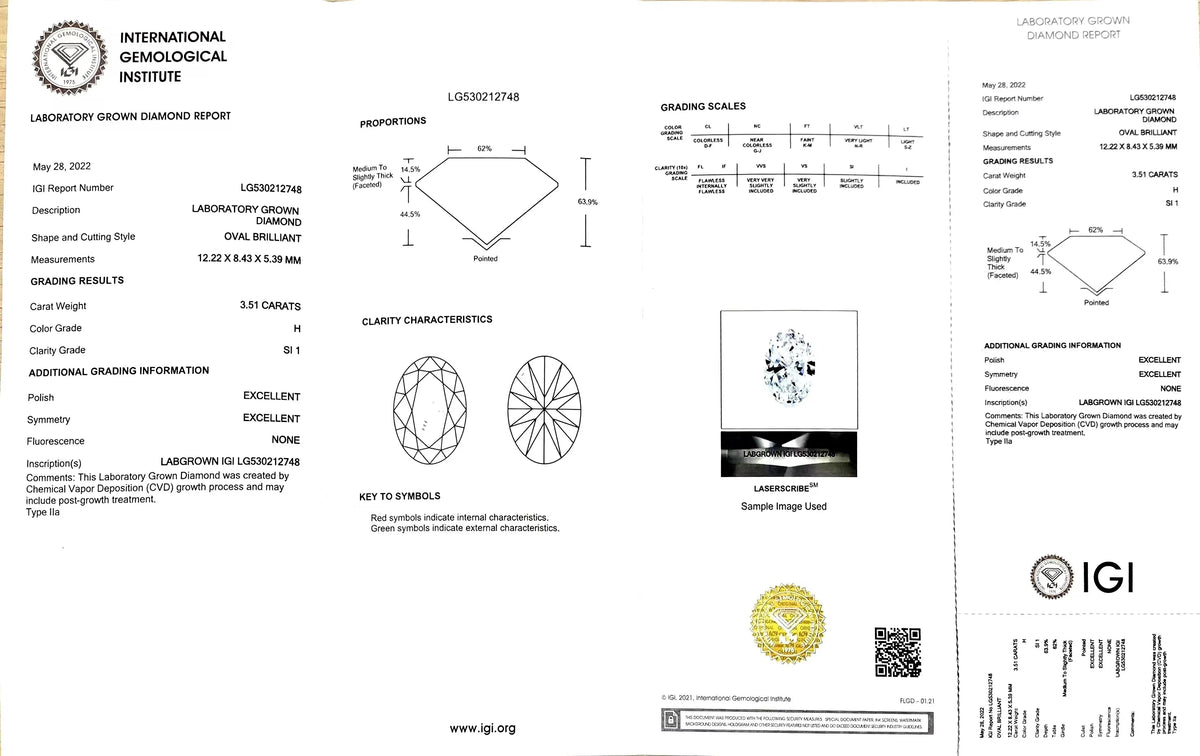 3.51ct Oval Cut Lab Diamond - H Color SI1 | Doveggs Certified