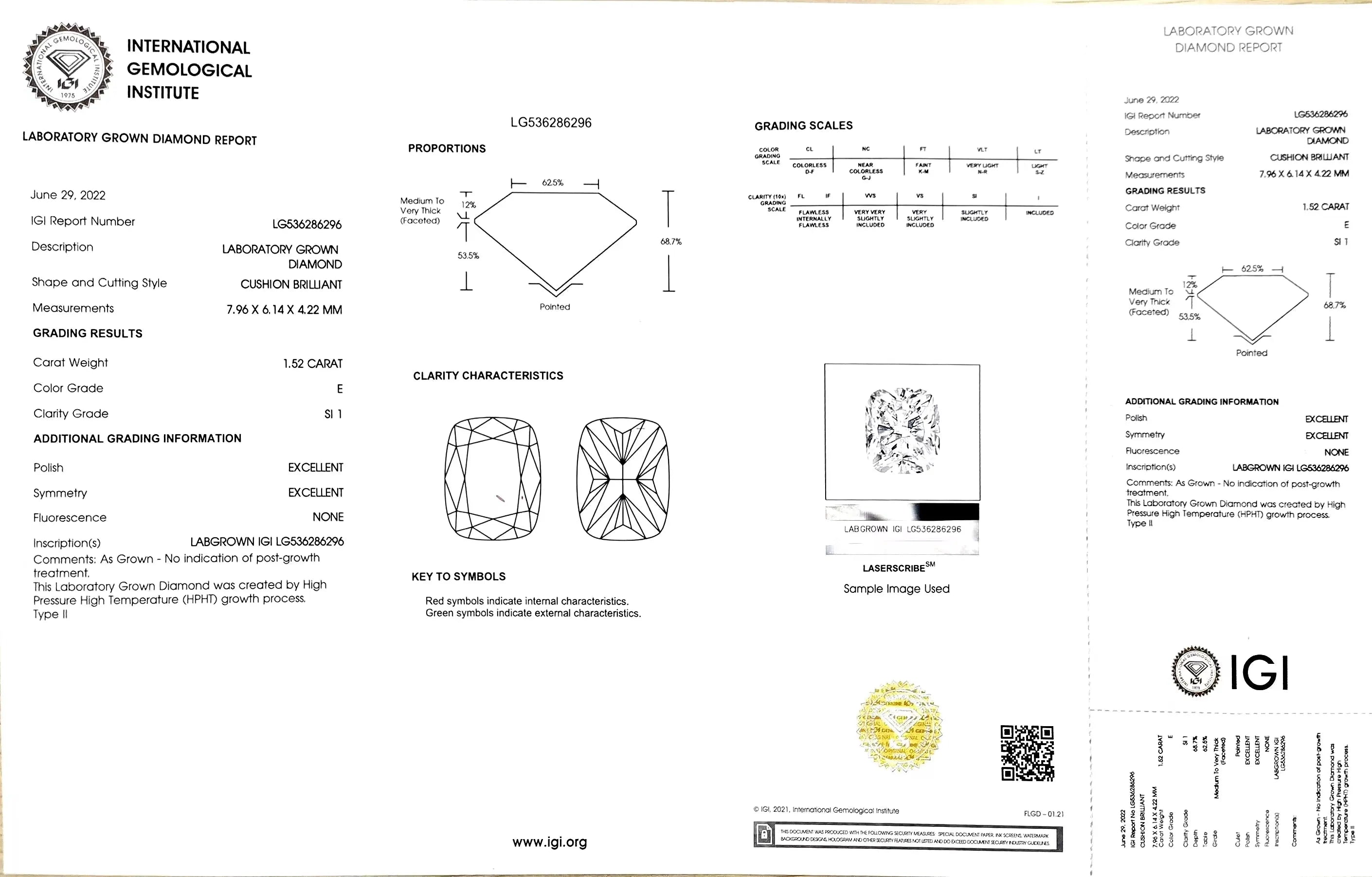 1.52ct Cushion Cut Lab Diamond - E Color SI1 | Doveggs Certified