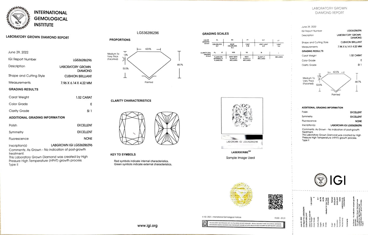 1.52ct Cushion Cut Lab Diamond - E Color SI1 | Doveggs Certified