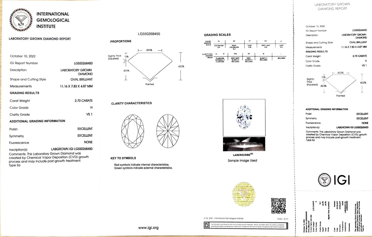 2.70ct Oval Lab Diamond - H Color VS1 | Doveggs Certified