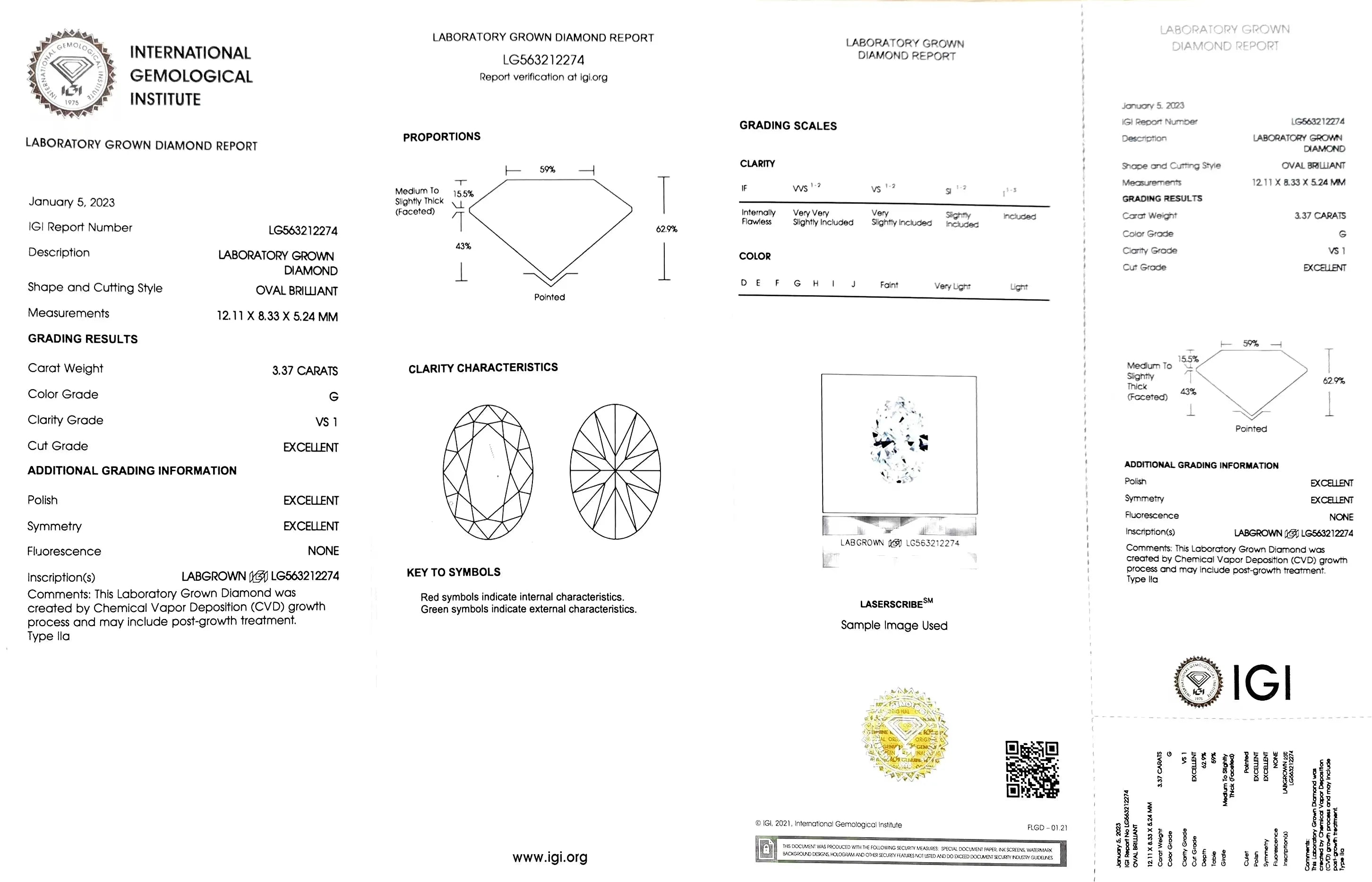 3.37ct Oval Cut Lab Diamond - G Color VS1 | Doveggs Certified