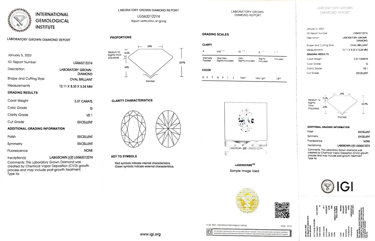 3.37ct Oval Cut Lab Diamond - G Color VS1 | Doveggs Certified