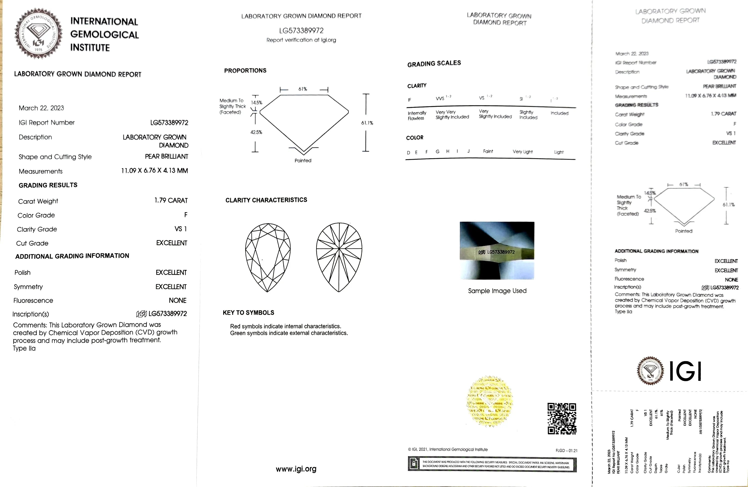 1.79ct Pear Lab Diamond - F Color VS1 | Doveggs Certified
