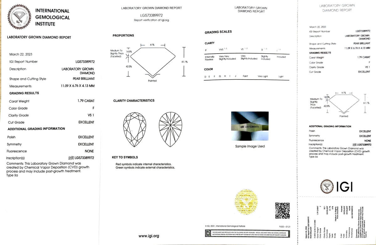 1.79ct Pear Lab Diamond - F Color VS1 | Doveggs Certified