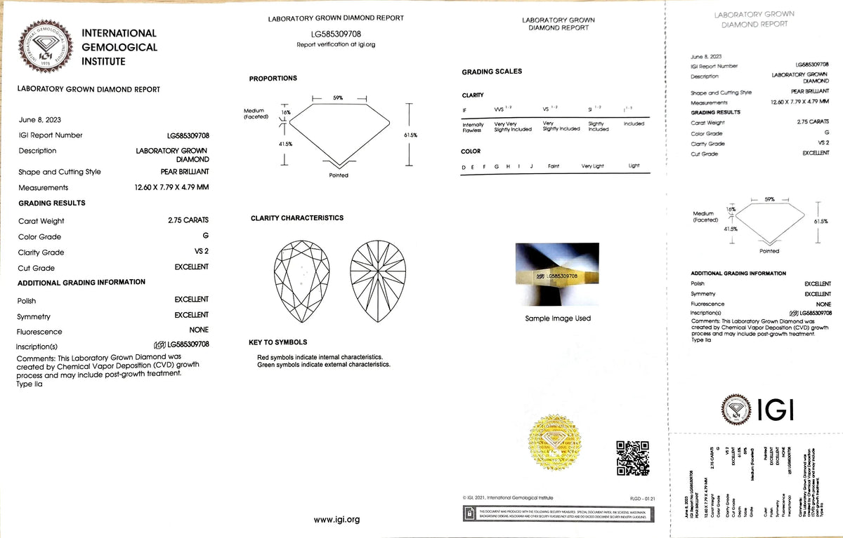 2.75ct Pear Lab Diamond - G Color VS2 | Doveggs Certified