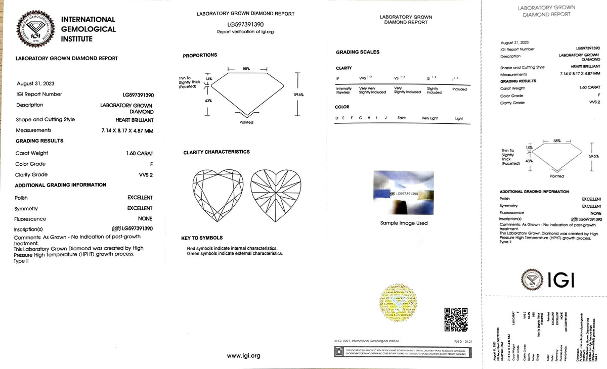 1.60ct Heart Cut Lab Diamond - F Color VVS2 | Doveggs Certified