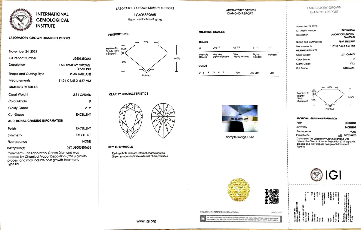 2.31ct Pear Lab Diamond - F Color VS2 | Doveggs Certified