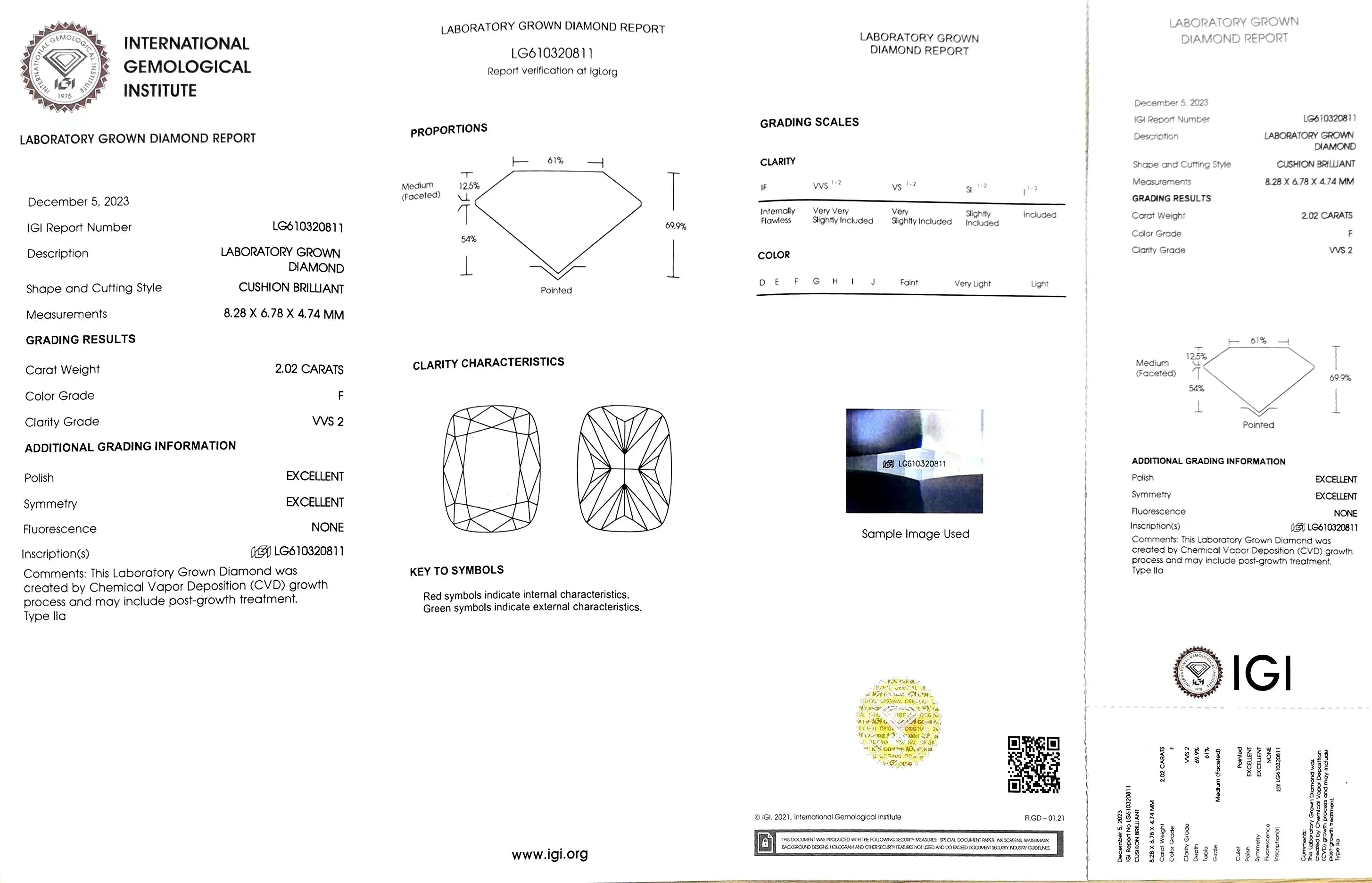 2.02ct Cushion Cut Lab Diamond - F Color VVS2 | Doveggs Certified