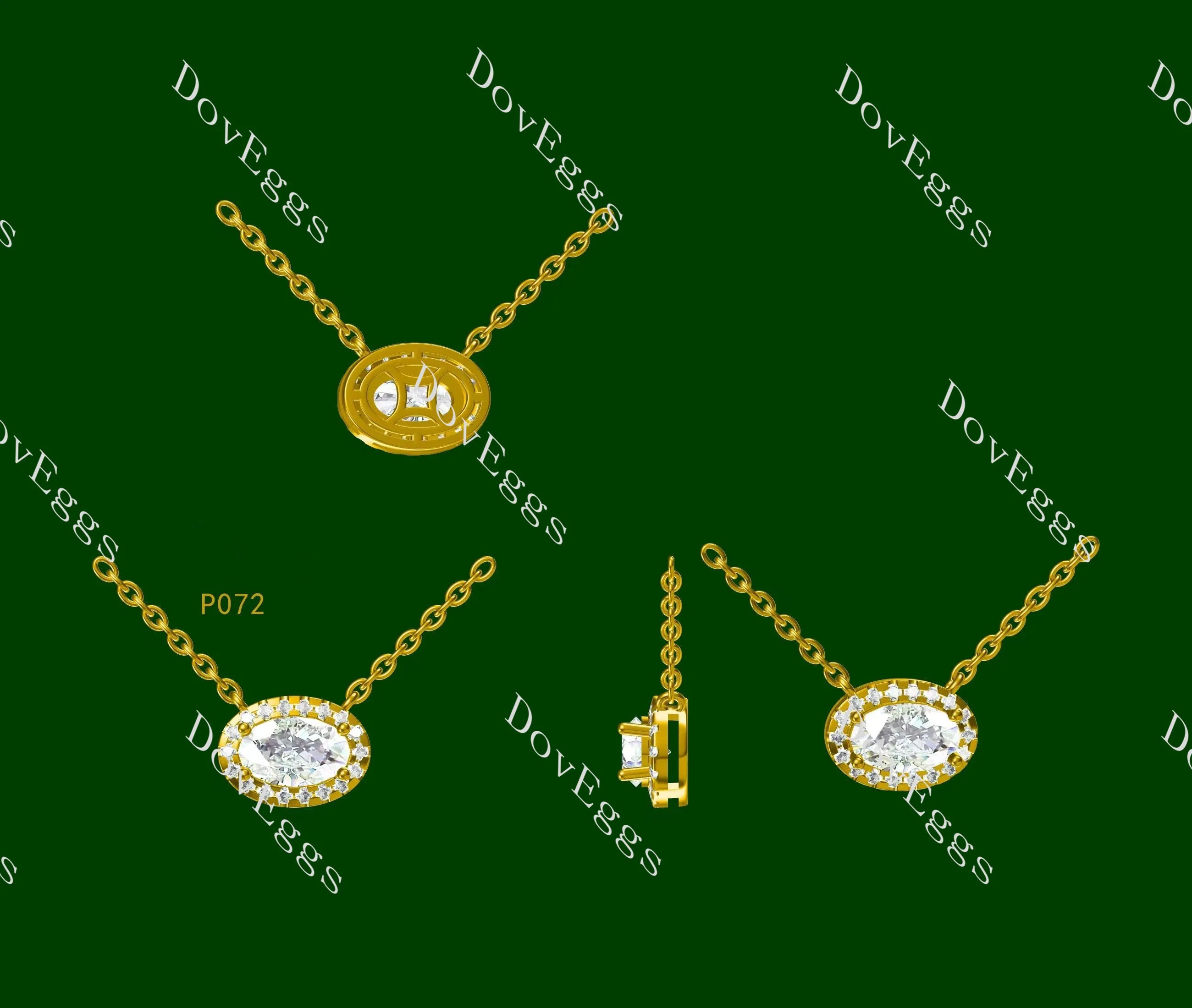 Oval halo moissanite pendant necklace (with 18' length chain)| DovEggs