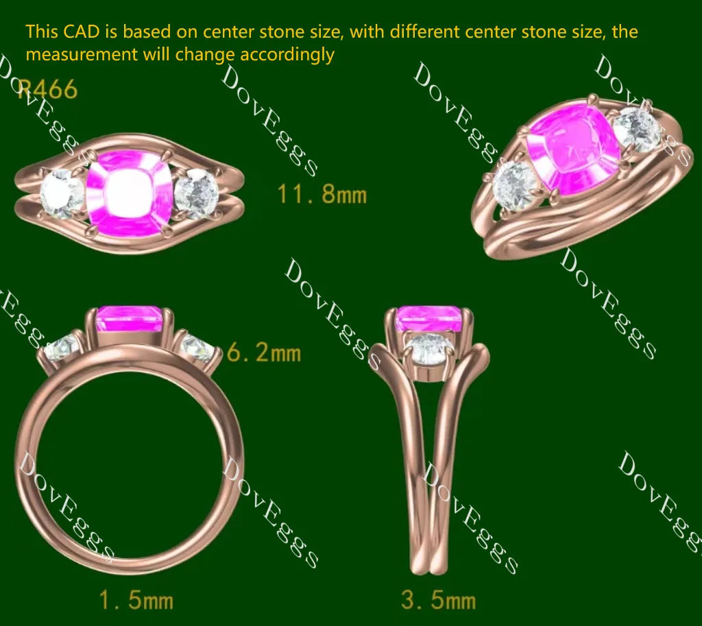 Jadea-Cushion split shanks three stones colored gem engagement ring| DovEggs