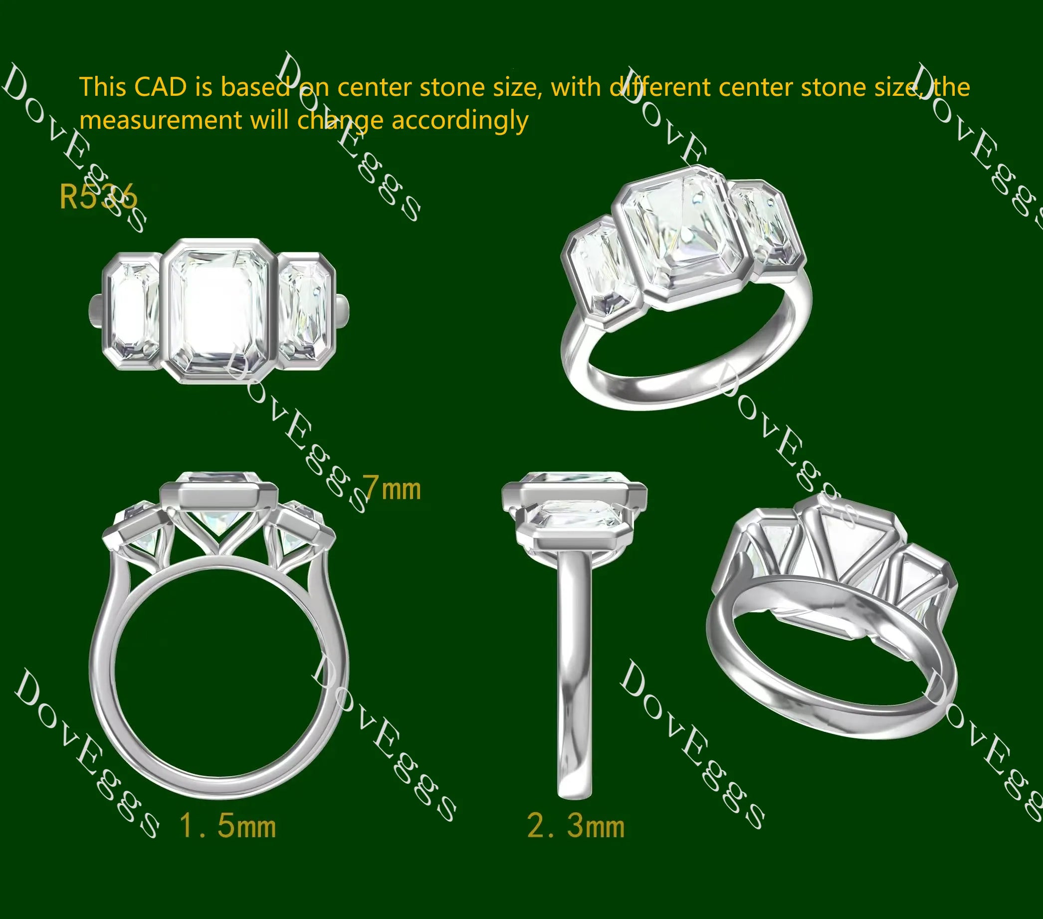 Emerald bezel three stones moissanite engagement ring| DovEggs