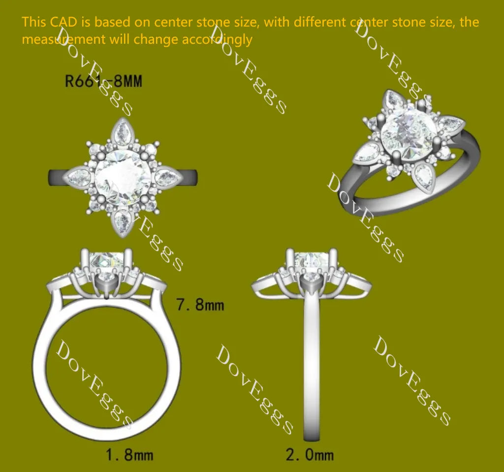 Round art deco floral moissanite engagement ring| DovEggs